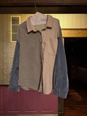 Colorblock Corduroy Shirt Jacket - Beige, Gray & Blue